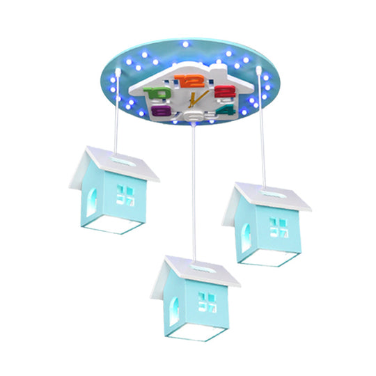 Cartoon 3-Bulb Wood Draping House Ceiling Light Fixture in Pink/Blue