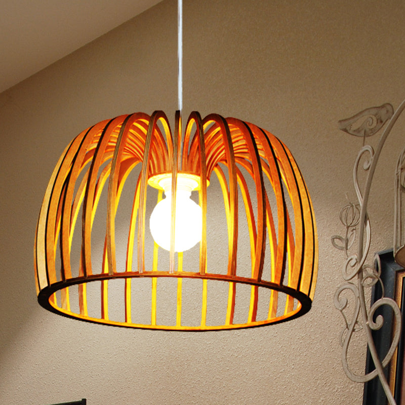 Down Lighting Wooden Strip Hanging Ceiling Lamp - Beige Bowl Frame Asia Theme Ideal For Living Room