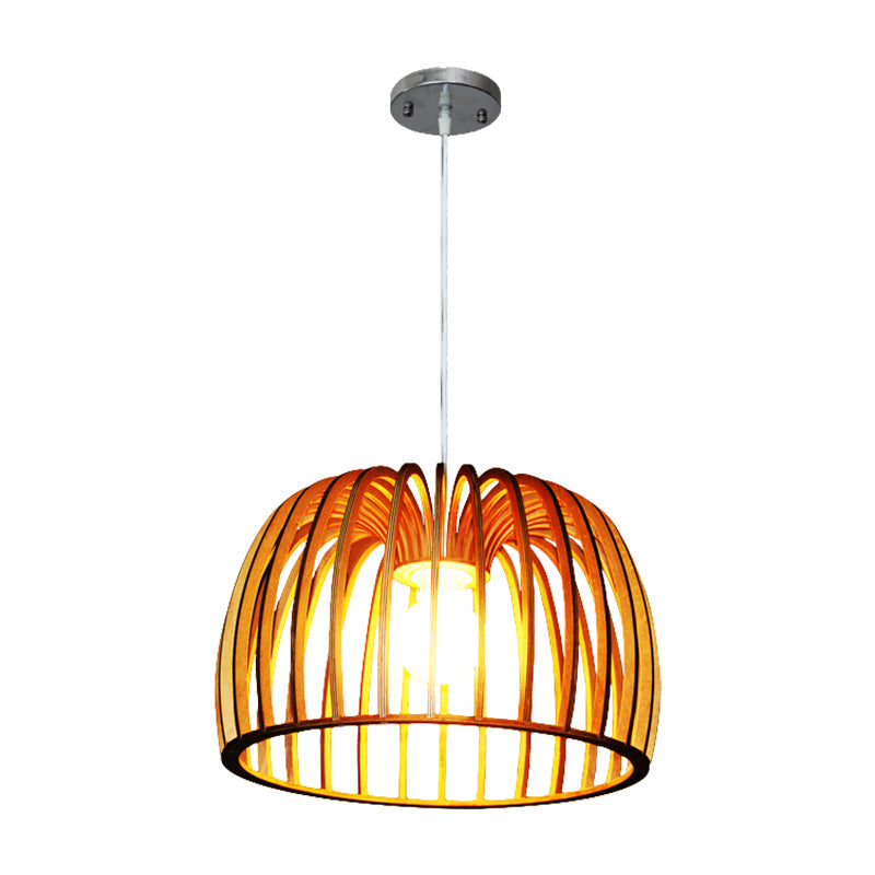 Down Lighting Wooden Strip Hanging Ceiling Lamp - Beige Bowl Frame Asia Theme Ideal For Living Room