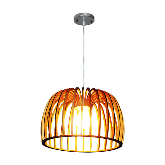 Down Lighting Wooden Strip Hanging Ceiling Lamp - Beige Bowl Frame Asia Theme Ideal For Living Room