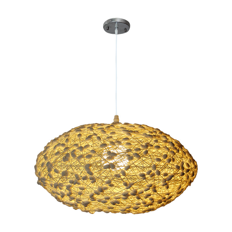 Beige Rattan Oval Pendant Lamp - Asian Style Bedroom Lighting