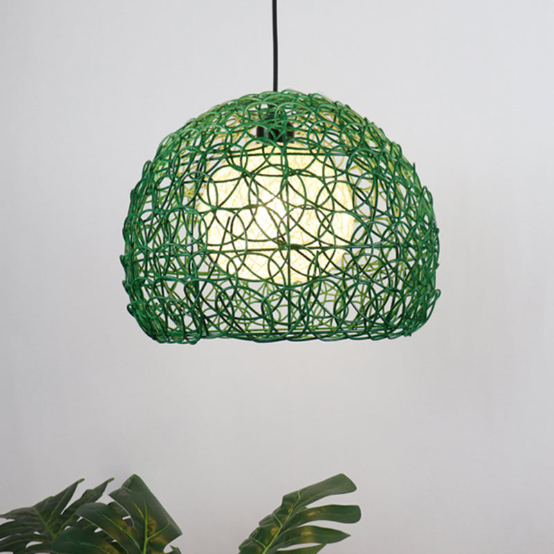Modern Rattan Globe Cage Hanging Light Kit - 1 Head Green Finish Pendant Lamp Ideal For Restaurants