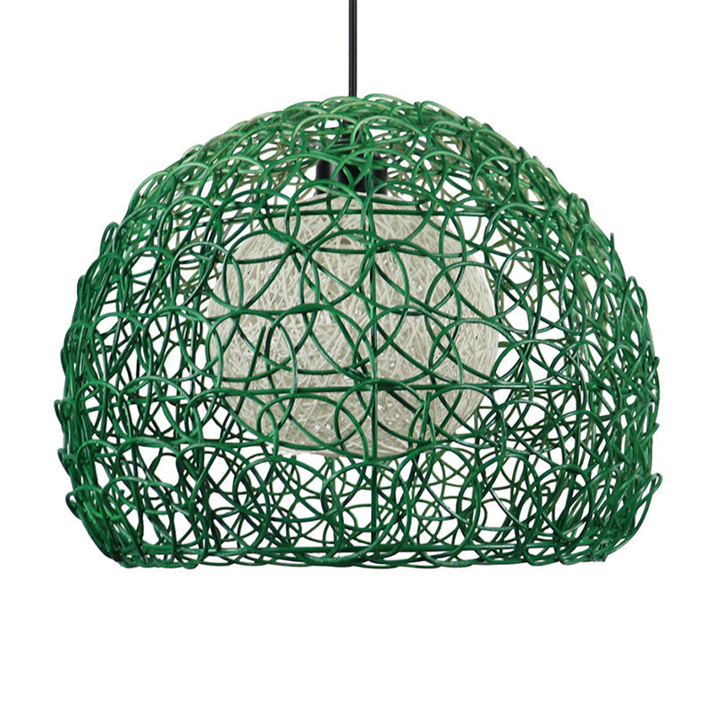 Modern Rattan Globe Cage Hanging Light Kit - 1 Head Green Finish Pendant Lamp Ideal For Restaurants