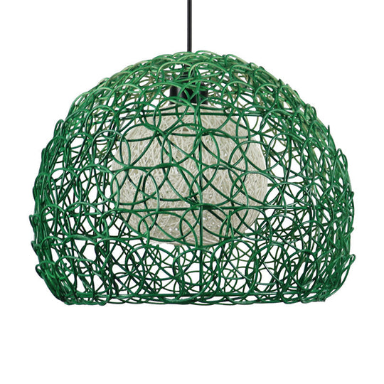 Modern Rattan Globe Cage Hanging Light Kit - 1 Head Green Finish Pendant Lamp Ideal For Restaurants