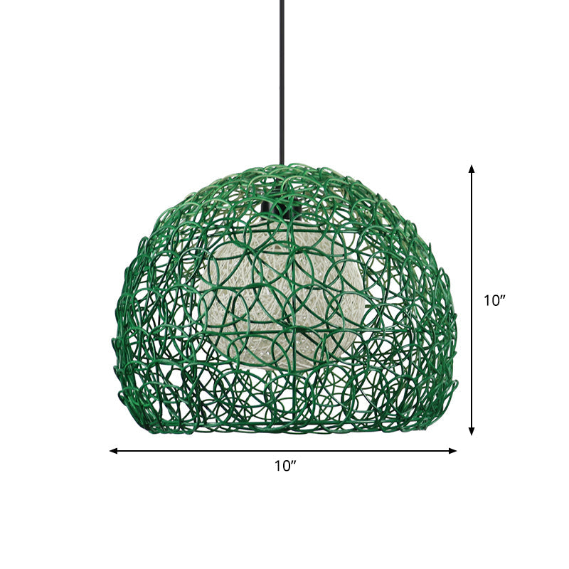 Modern Rattan Globe Cage Hanging Light Kit - 1 Head Green Finish Pendant Lamp Ideal For Restaurants