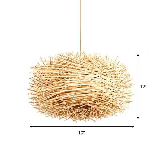 Beige Rattan Nest Shape Ceiling Pendant Light Kit - Asian Style