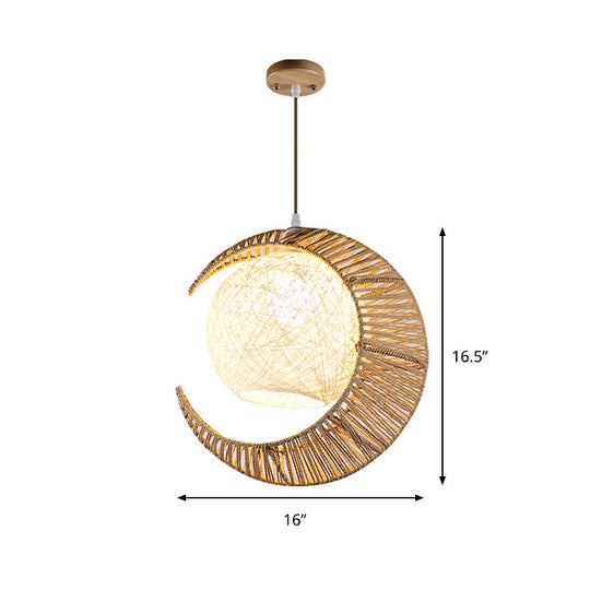 Rattan Pendant Lamp With Flaxen Moon & Ball Design For Balcony Lighting - 1 Bulb Asia Ceiling Hang