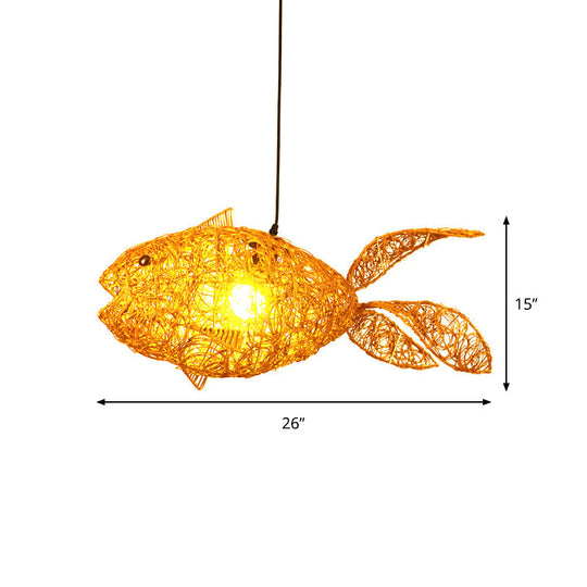Gold Fish-Shape Rattan Pendulum Light: Asian Style 1-Light Ceiling Lamp For Living Room