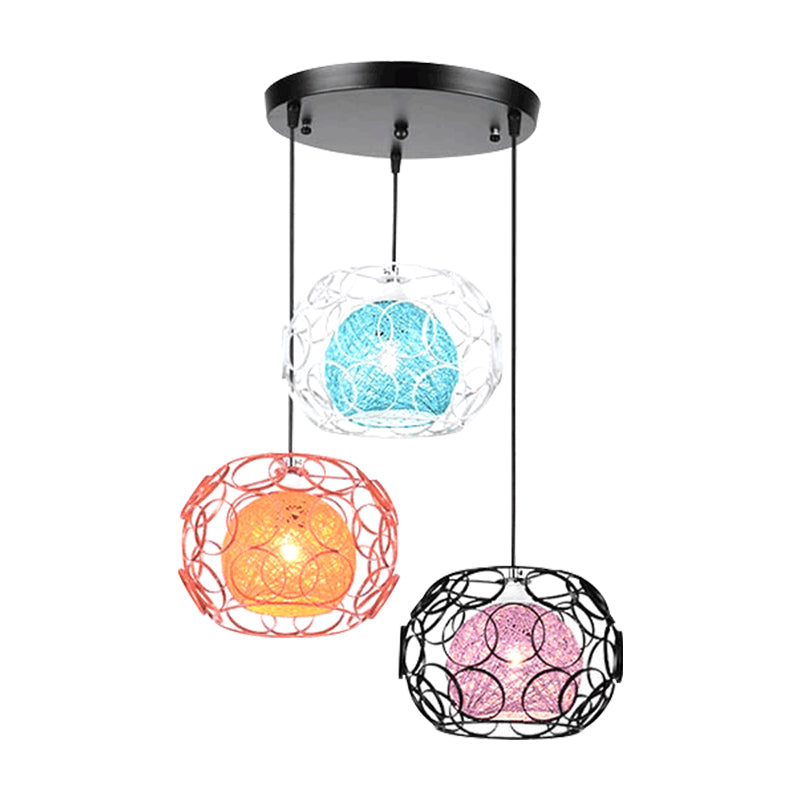 Modern Asia 3-Light Rattan Globe Ceiling Pendant With Colorful Shades And Black Canopy