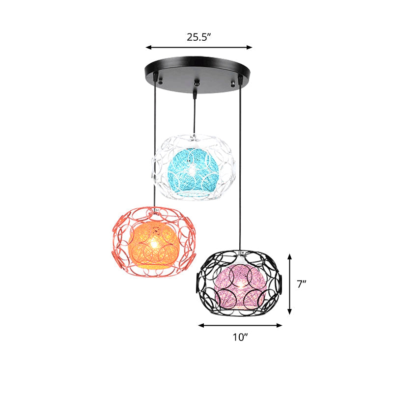 Modern Asia 3-Light Rattan Globe Ceiling Pendant With Colorful Shades And Black Canopy