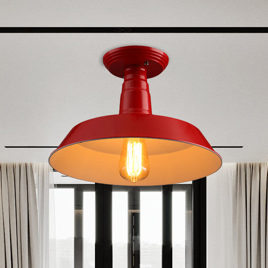 Black/Red Industrial Style Semi Flush Ceiling Light Fixture for Corridor - Metallic Barn Shade, 10"/14" W