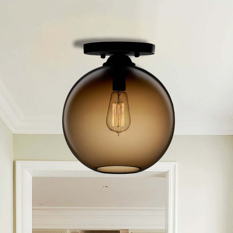 Industrial Style Semi-Flush Ceiling Light With Globe Shade In Red/Brown/Blue Glass For Dining Room