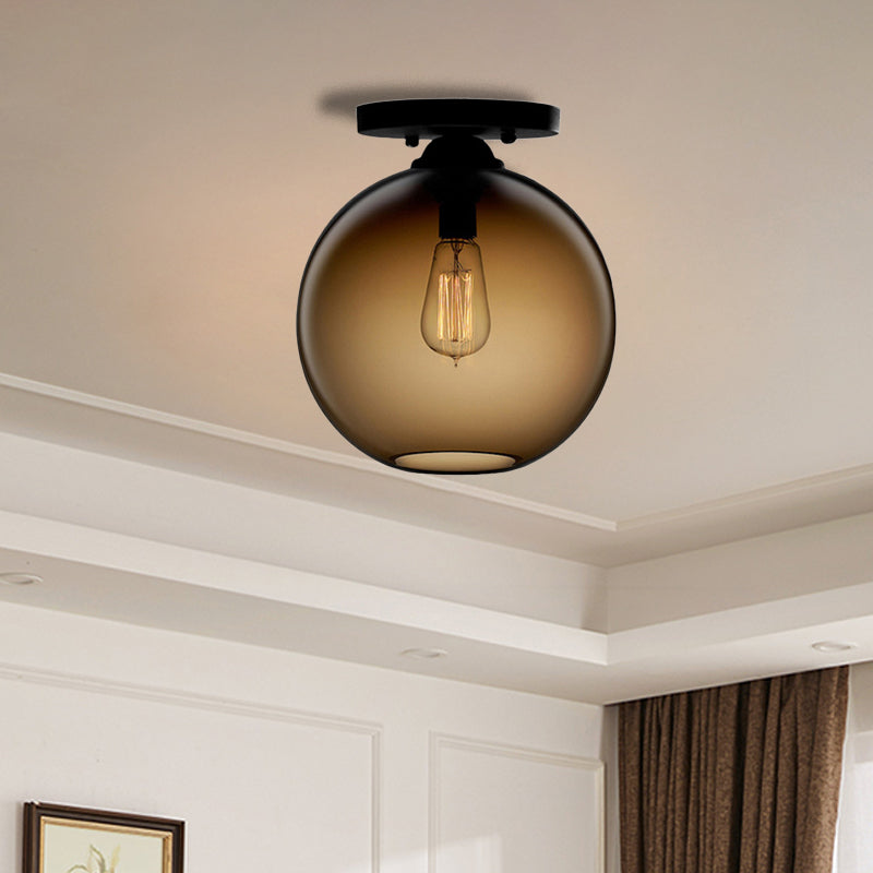 Industrial Style Semi-Flush Ceiling Light With Globe Shade In Red/Brown/Blue Glass For Dining Room