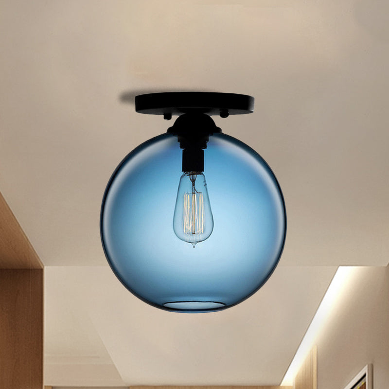 Industrial Style Semi-Flush Ceiling Light with Globe Shade in Red/Brown/Blue Glass for Dining Room (1/2 Light)