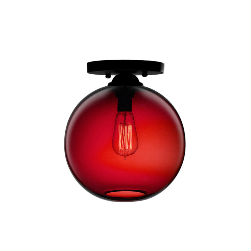 Industrial Style Semi-Flush Ceiling Light With Globe Shade In Red/Brown/Blue Glass For Dining Room