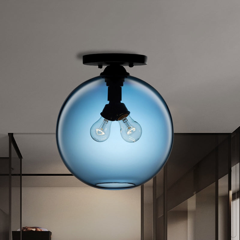 Industrial Style Semi-Flush Ceiling Light with Globe Shade in Red/Brown/Blue Glass for Dining Room (1/2 Light)