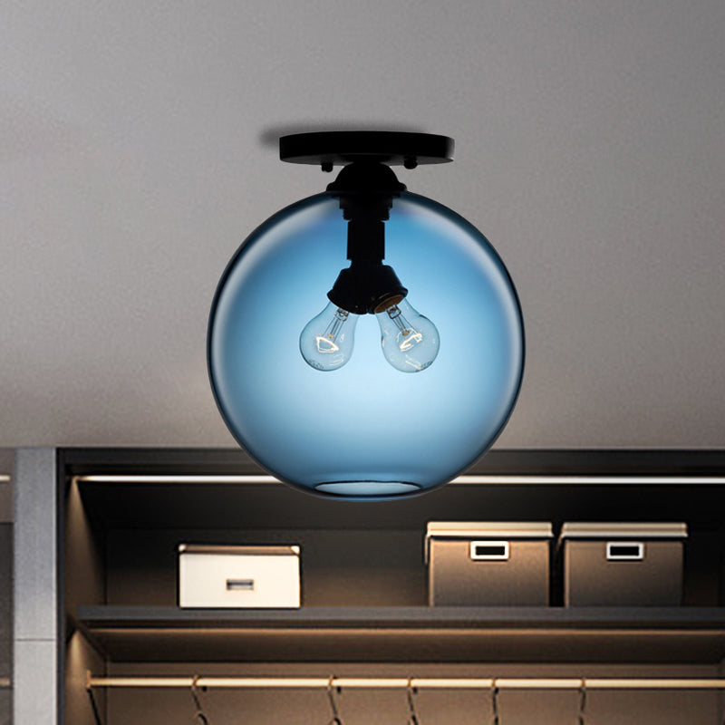 Industrial Style Semi-Flush Ceiling Light with Globe Shade in Red/Brown/Blue Glass for Dining Room (1/2 Light)