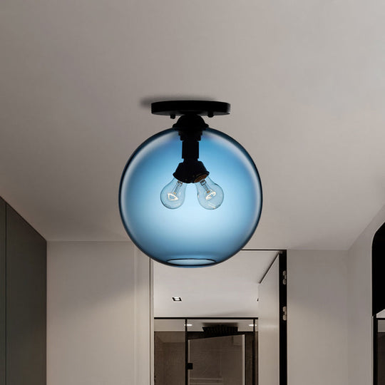 Industrial Style Semi-Flush Ceiling Light with Globe Shade in Red/Brown/Blue Glass for Dining Room (1/2 Light)