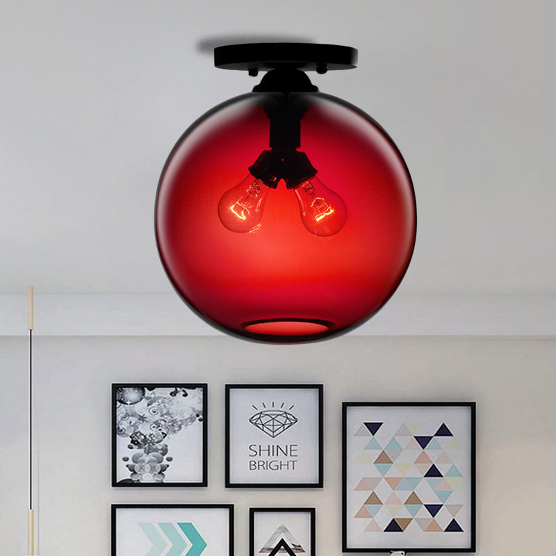 Industrial Style Semi-Flush Ceiling Light with Globe Shade in Red/Brown/Blue Glass for Dining Room (1/2 Light)