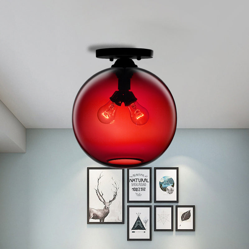 Industrial Style Semi-Flush Ceiling Light with Globe Shade in Red/Brown/Blue Glass for Dining Room (1/2 Light)