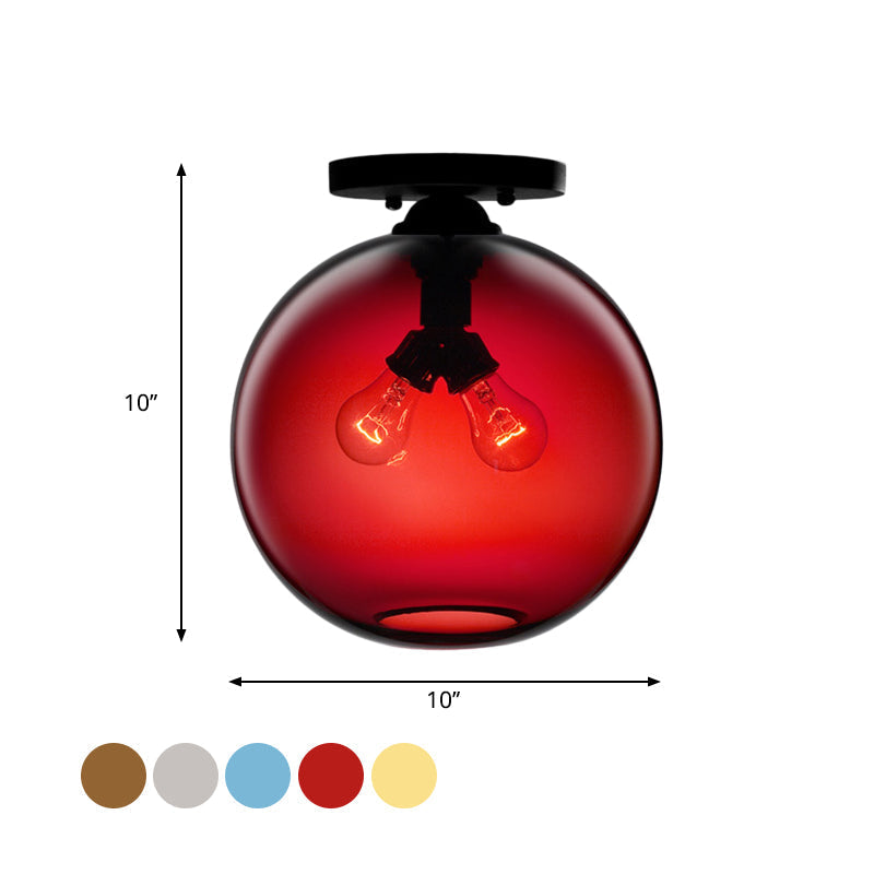 Industrial Style Semi-Flush Ceiling Light with Globe Shade in Red/Brown/Blue Glass for Dining Room (1/2 Light)
