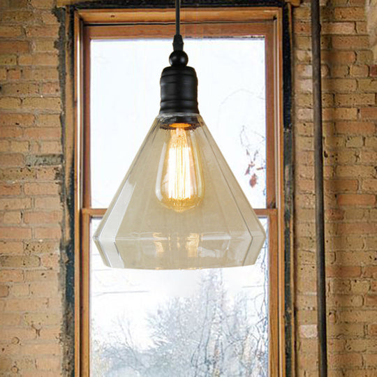Luminaire suspendu conique moderne : ampoule simple, finition noire d'usine, verre transparent, idéal pour les halls d'entrée