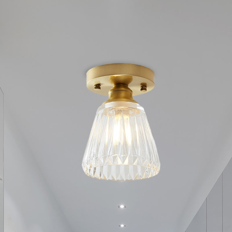 Industrial-Style Cone Glass Ceiling Light - Single Bulb Semi Flush Mount Fixture in Brass with Clear Textured Glass for Living Rooms