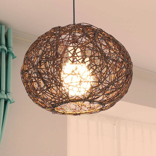 Farmhouse Rattan Single Pendant Lamp - Brown/Ivory Birds Nest Design For Table Brown / 8