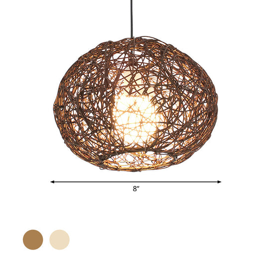 Farmhouse Rattan Single Pendant Lamp - Brown/Ivory Birds Nest Design For Table