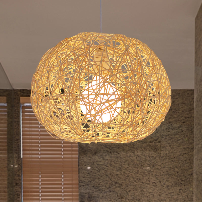 Farmhouse Rattan Single Pendant Lamp - Brown/Ivory Birds Nest Design For Table
