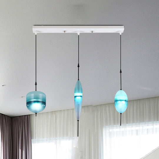Modernist Blue/White Glass Cluster Pendant Light Fixture - Teardrop/Drum/Cylinder Design 1/3 Lights