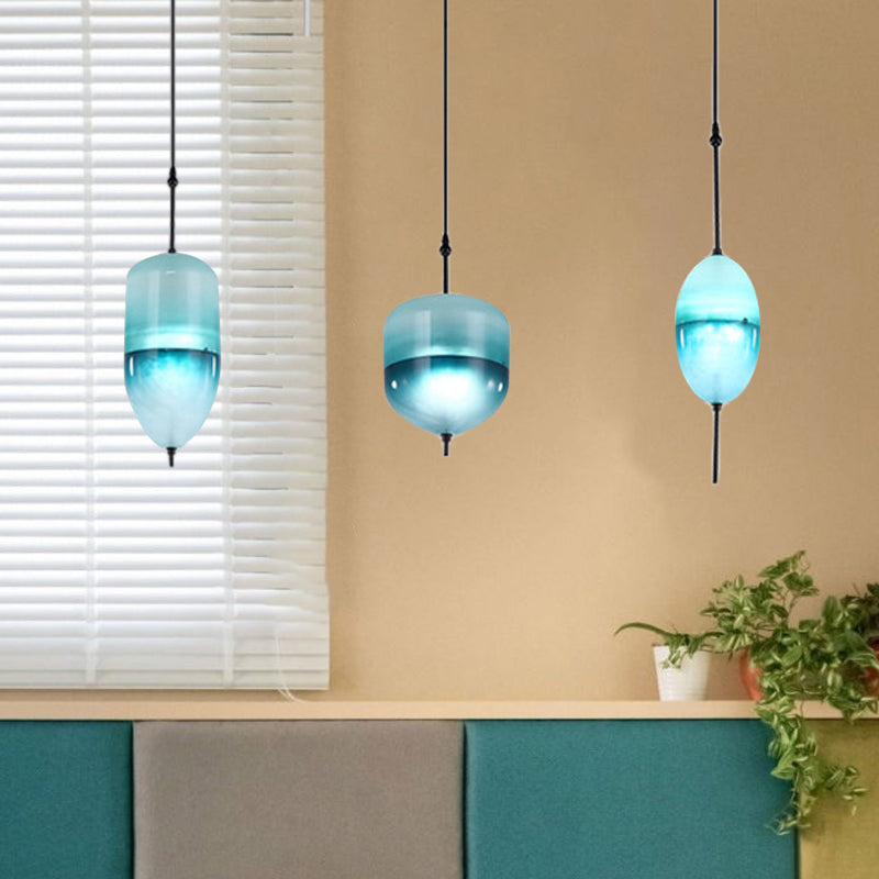 Modernist Blue/White Glass Cluster Pendant Light Fixture - Teardrop/Drum/Cylinder Design 1/3 Lights