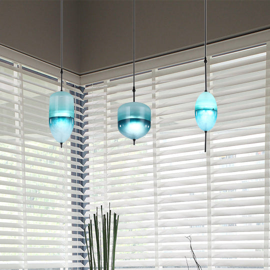 Modernist Blue/White Glass Cluster Pendant Light Fixture - Teardrop/Drum/Cylinder Design 1/3 Lights