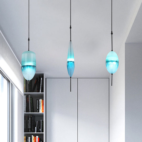 Modernist Blue/White Glass Cluster Pendant Light Fixture - Teardrop/Drum/Cylinder Design 1/3 Lights