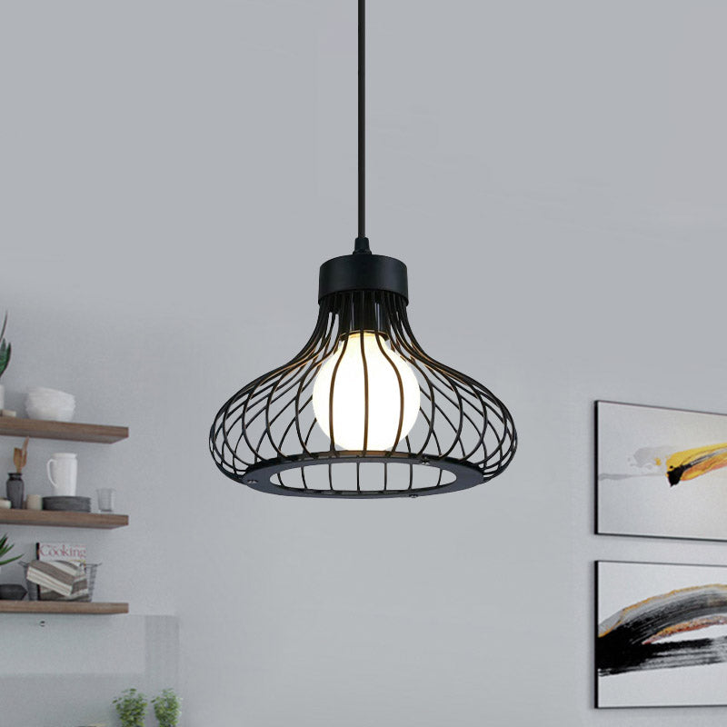 Retro Black Metal Pendant Light With Wire Cage - Perfect For Kitchen
