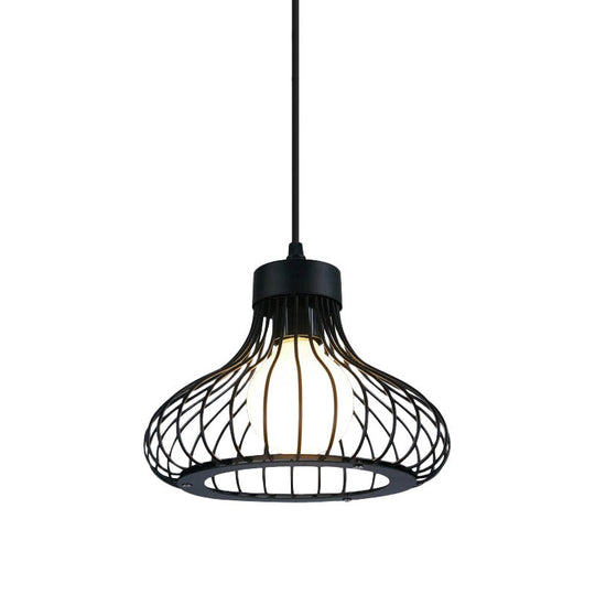 Retro Black Metal Pendant Light with Wire Cage: Ideal Kitchen Lighting