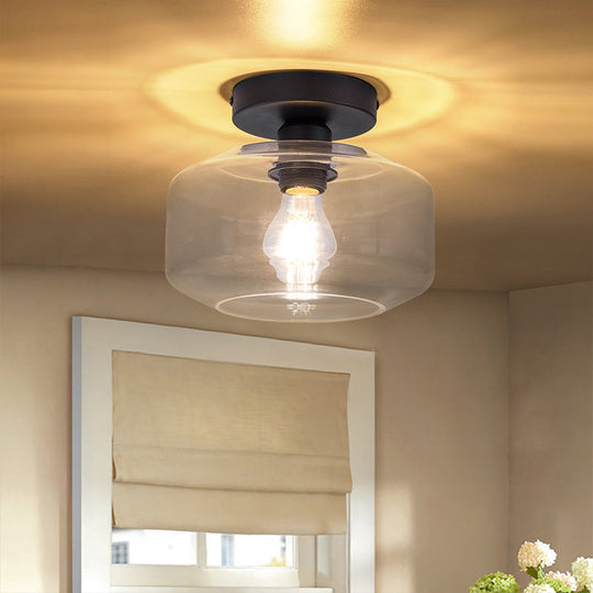 Sleek Industrial Drum Shade Semi Flush Light in Black with Clear/Amber Glass – Perfect for Foyer Ceiling