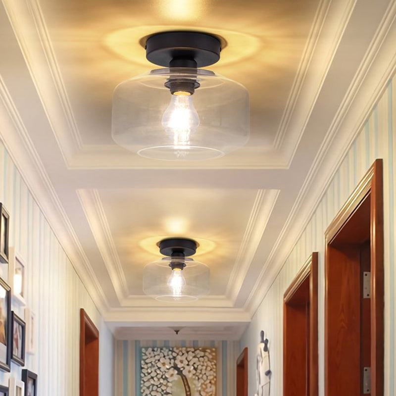 Sleek Industrial Drum Shade Semi Flush Light in Black with Clear/Amber Glass – Perfect for Foyer Ceiling