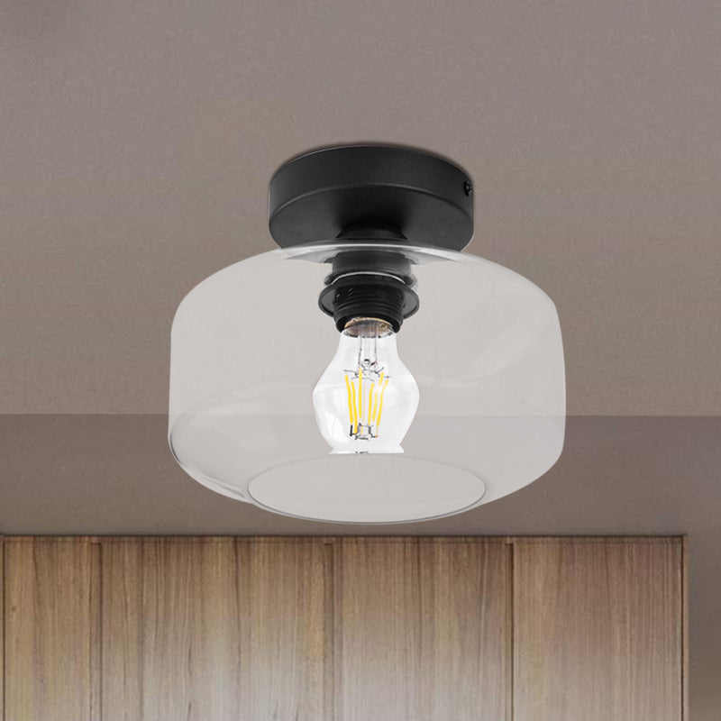 Sleek Industrial Drum Shade Semi Flush Light in Black with Clear/Amber Glass – Perfect for Foyer Ceiling