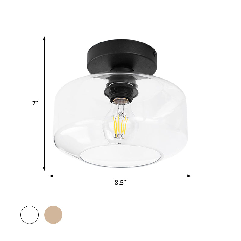 Sleek Industrial Drum Shade Semi Flush Light in Black with Clear/Amber Glass – Perfect for Foyer Ceiling