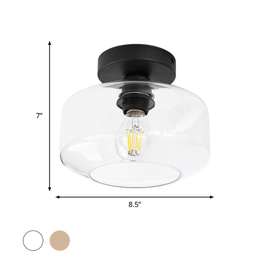 Sleek Industrial Drum Shade Semi Flush Light in Black with Clear/Amber Glass – Perfect for Foyer Ceiling