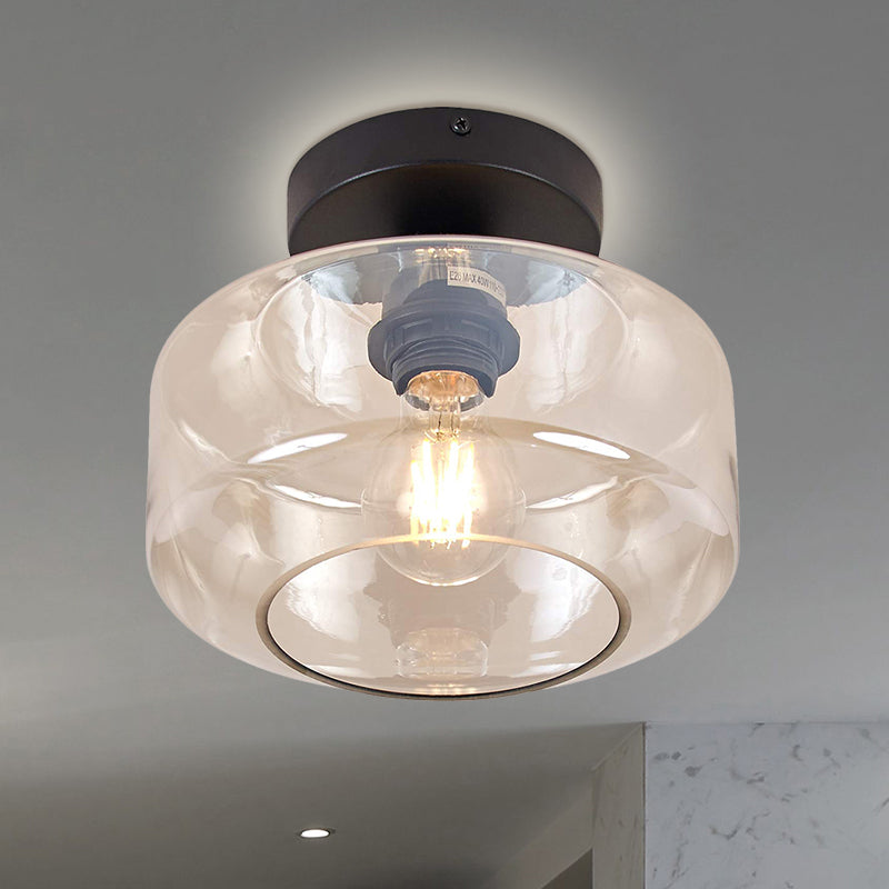 Sleek Industrial Drum Shade Semi Flush Light in Black with Clear/Amber Glass – Perfect for Foyer Ceiling