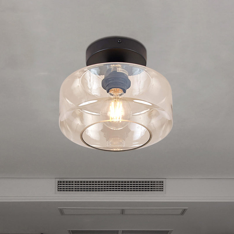 Sleek Industrial Drum Shade Semi Flush Light in Black with Clear/Amber Glass – Perfect for Foyer Ceiling