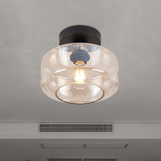 Sleek Industrial Drum Shade Semi Flush Light in Black with Clear/Amber Glass – Perfect for Foyer Ceiling