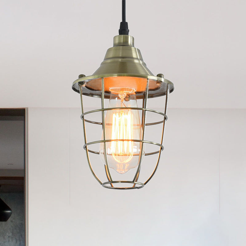 Vintage Metal Wire Cage Bedside Pendant Light with Brass/Chrome Finish - Industrial Style Mini Lamp