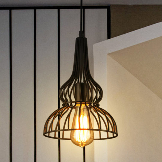 Rustic Black Gourd Pendant Lamp Stylish Loft Metal Hanging Light For Restaurants (1 Light)