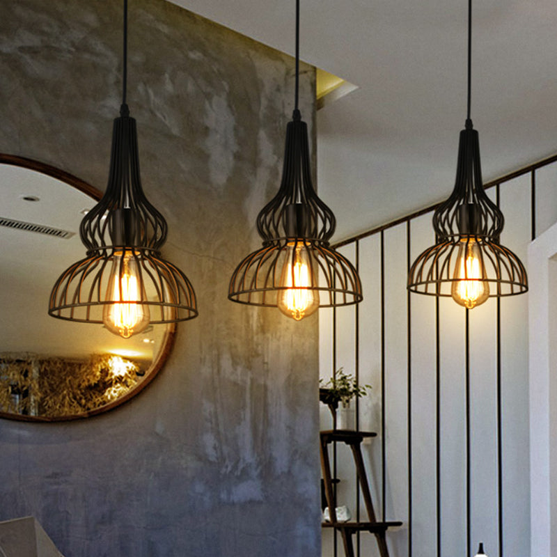 Rustic Black Gourd Pendant Lamp Stylish Loft Metal Hanging Light For Restaurants (1 Light)