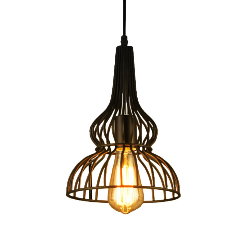 Rustic Black Gourd Pendant Lamp with Wire Frame - Loft Metal Hanging Light for Restaurants - 1 Light