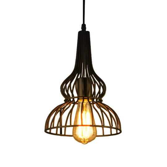 Rustic Black Gourd Pendant Lamp with Wire Frame - Loft Metal Hanging Light for Restaurants - 1 Light