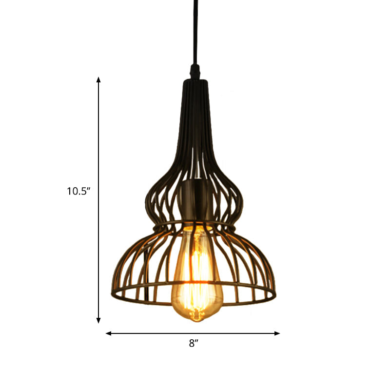Rustic Black Gourd Pendant Lamp with Wire Frame - Loft Metal Hanging Light for Restaurants - 1 Light